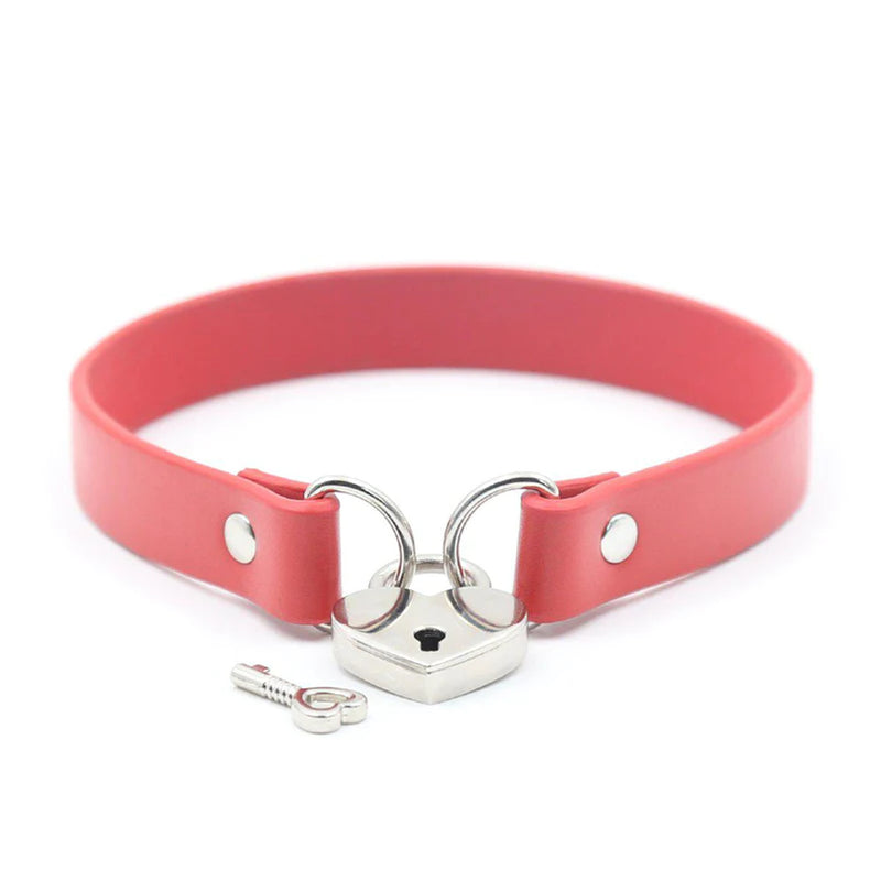 Collar - Heart Lock Connector Neck Collar with Key - Red (8939401740505)