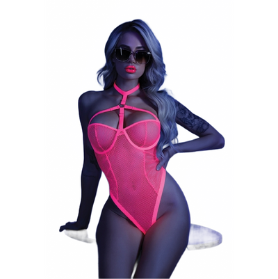 Fantasy Lingerie Glow All Nighter Harness Bodysuit-Neon Pink (8897159364825)