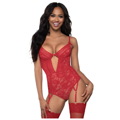 Seven til Midnight Red Lace Teddy/Body/Bodysuit/Leotard with Thong Back and Front Keyhole Red (8956322742489)