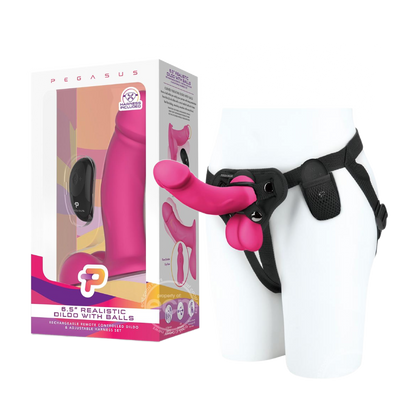 Pegasus Realistic Silicone Rechargeable Dildo with Balls with Remote Control and Adjustable Harness Set 6.5in - Pink (6935755686085)