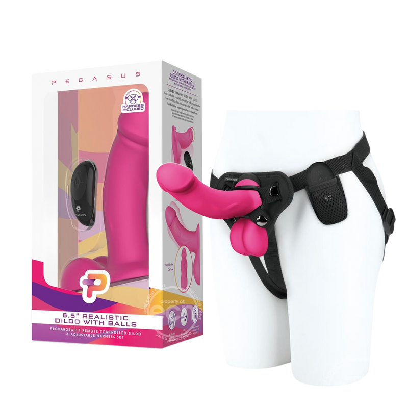 Pegasus Realistic Silicone Rechargeable Dildo with Balls with Remote Control and Adjustable Harness Set 6.5in - Pink (6935755686085)