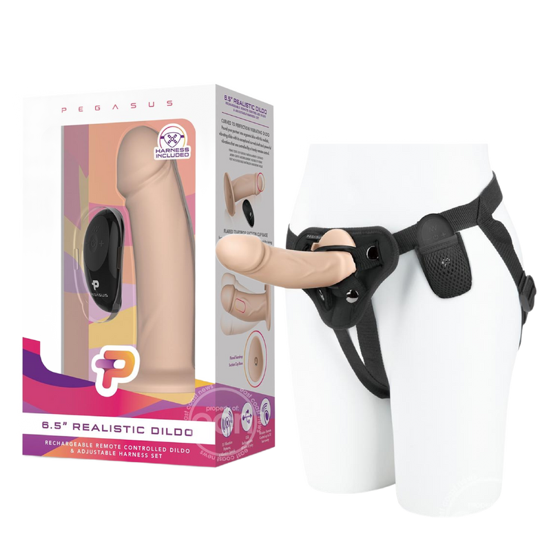 Pegasus Realistic Silicone Rechargeable Dildo with Remote Control and Adjustable Harness Set 6.5in - Vanilla (6935747494085)