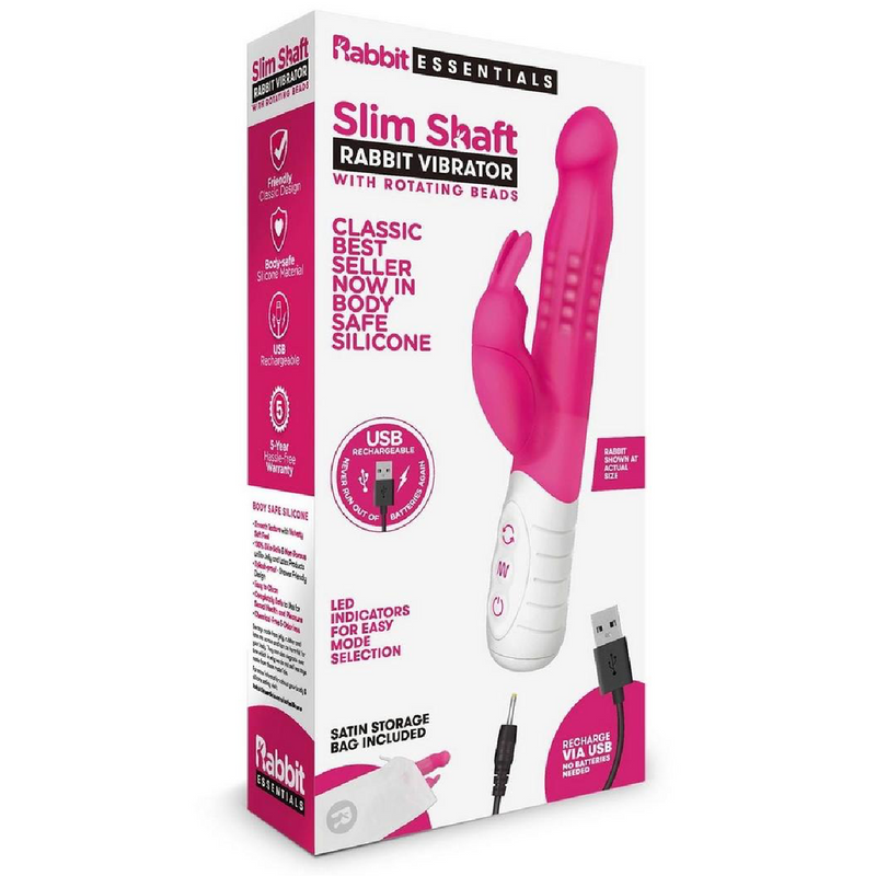 Rabbit Essentials Silicone Rechargeable Slim Shaft Rabbit Vibrator - Hot Pink (9084348039385)