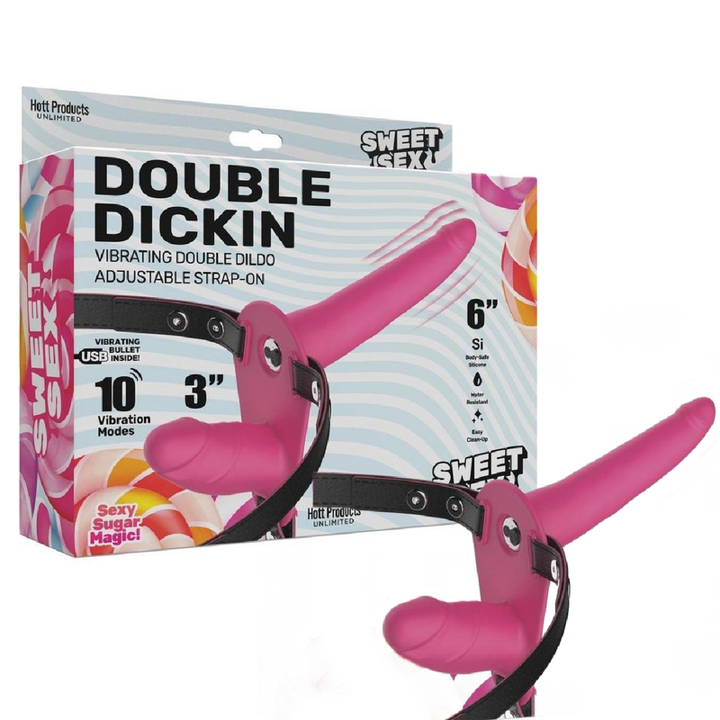 Sweet Sex Double Dickin Vibrating Silicone Double Dildo Strap-On - Pink/Black (9084385722585)