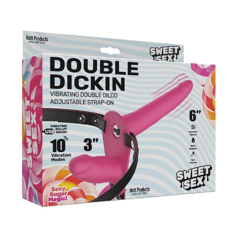 Sweet Sex Double Dickin Vibrating Silicone Double Dildo Strap-On - Pink/Black (9084385722585)