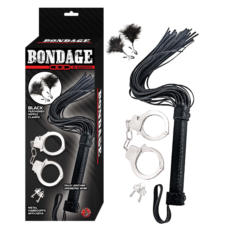 Bondage Whip, Feather & Cuffs - Black