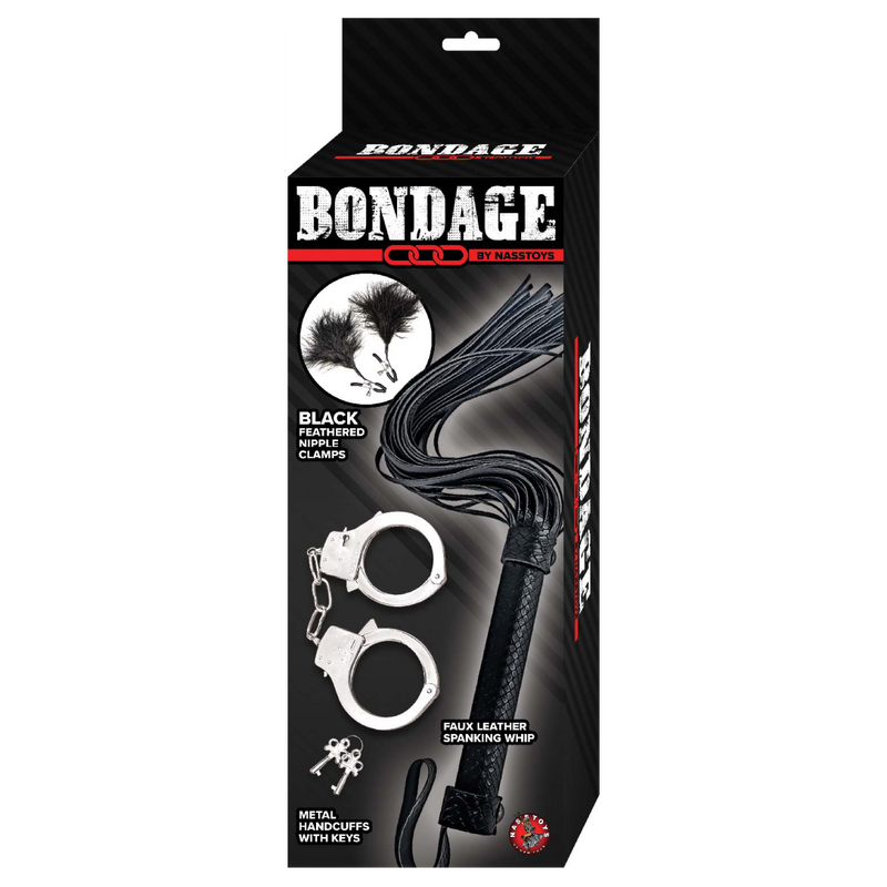 Bondage Whip, Feather & Cuffs - Black