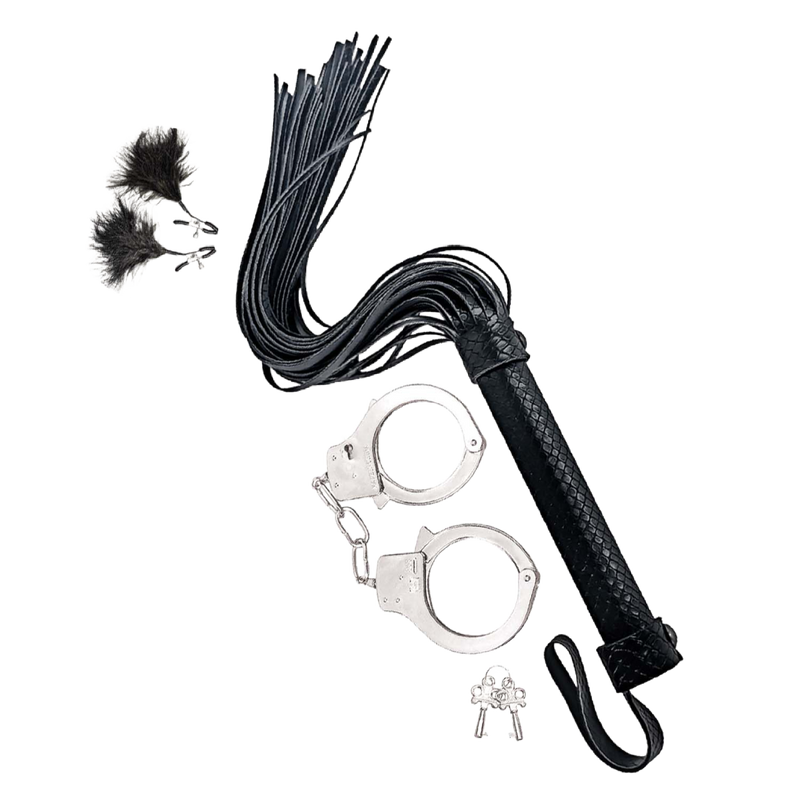 Bondage Whip, Feather & Cuffs - Black