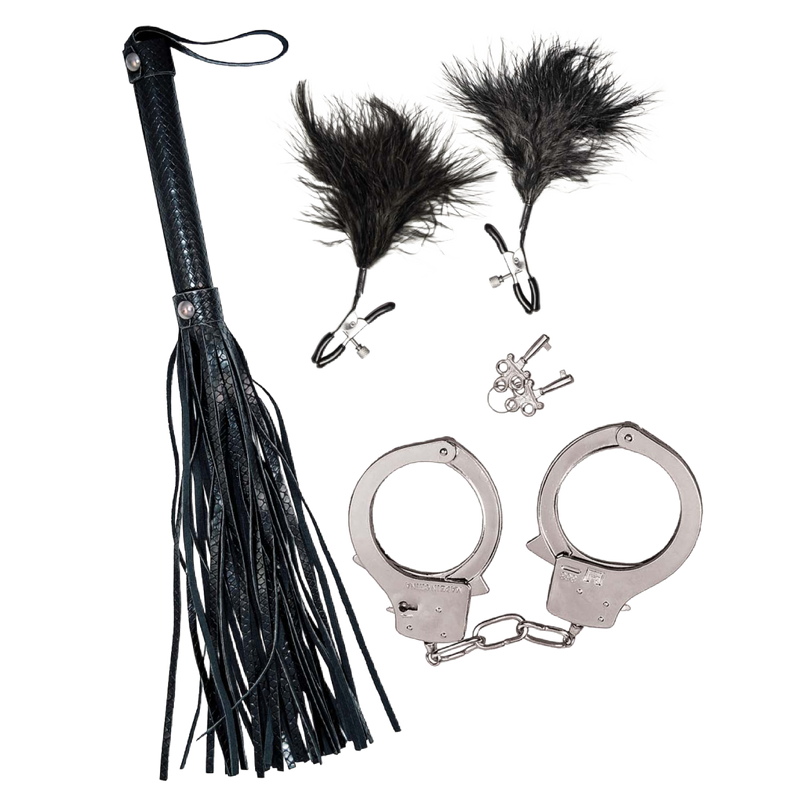 Bondage Whip, Feather & Cuffs - Black