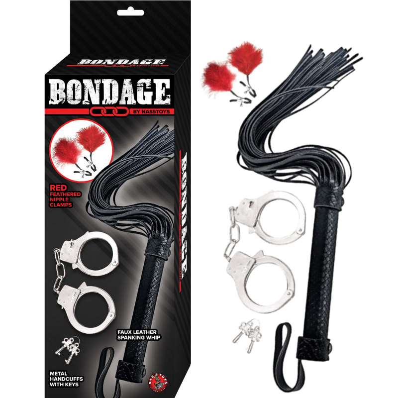 Bondage Whip, Feather & Cuffs - Red
