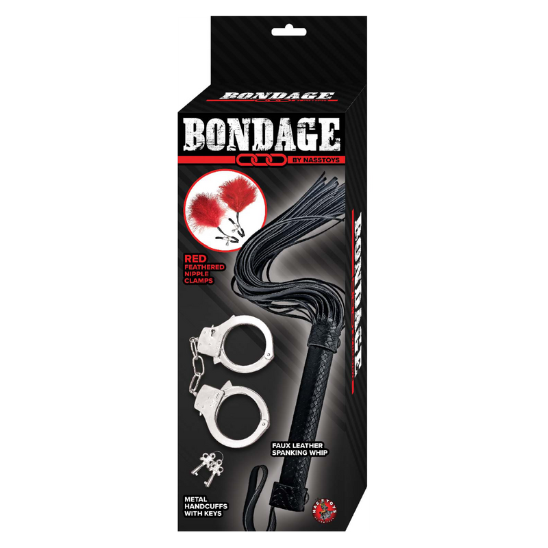 Bondage Whip, Feather & Cuffs - Red