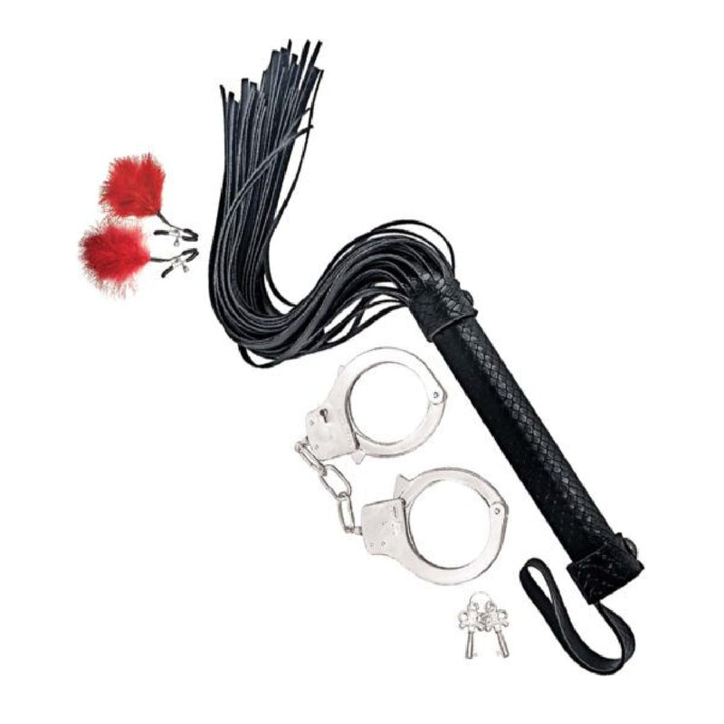 Bondage Whip, Feather & Cuffs - Red