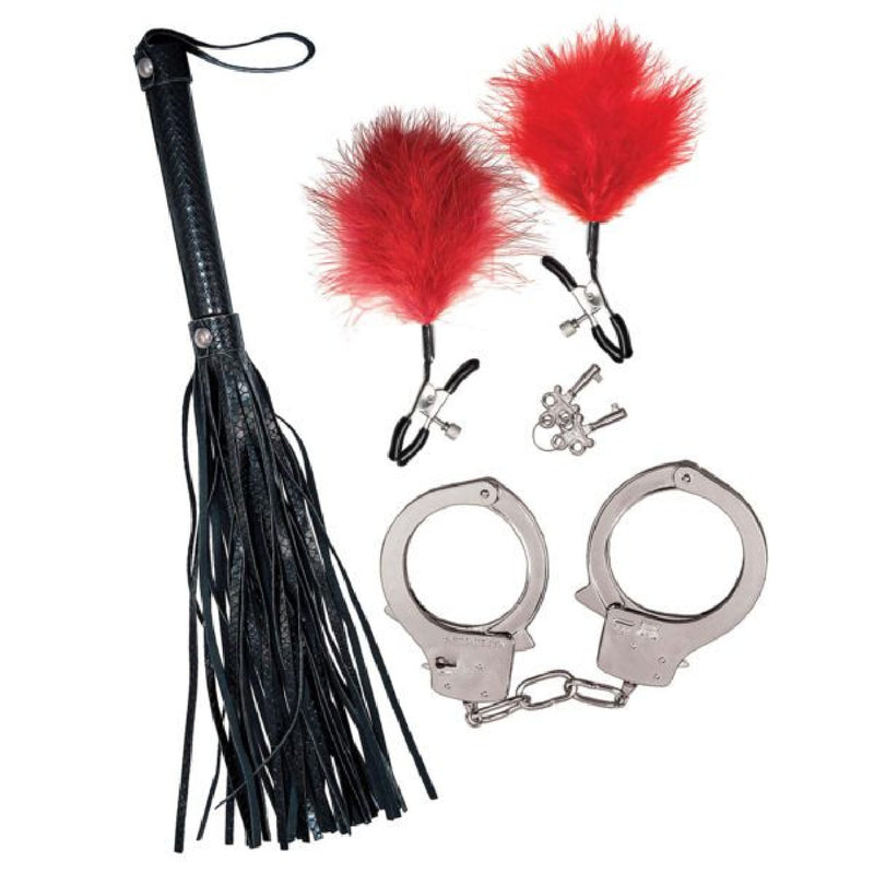 Bondage Whip, Feather & Cuffs - Red