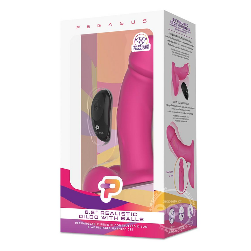 Pegasus Realistic Silicone Rechargeable Dildo with Balls with Remote Control and Adjustable Harness Set 6.5in - Pink (6935755686085)