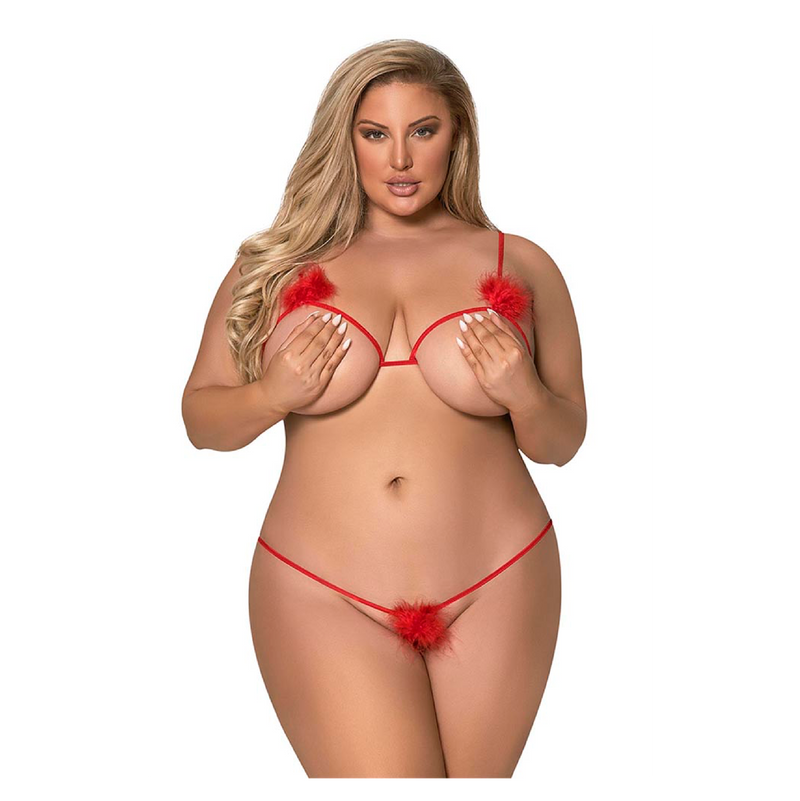 Marabou Cupless & Crotchless Bra & Panty Set Red Queen (8074012885209)