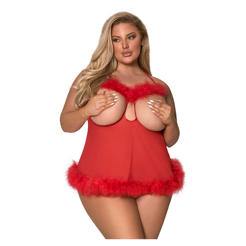 Marabou Cupless & Crotchless Baby Doll Set Red Queen (8074010263769)