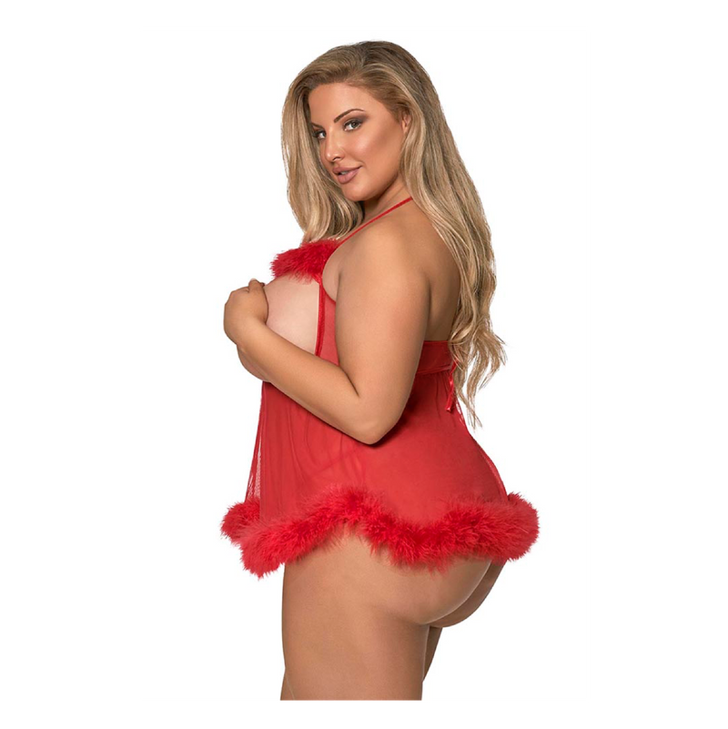 Marabou Cupless & Crotchless Baby Doll Set Red Plus (8074010263769)