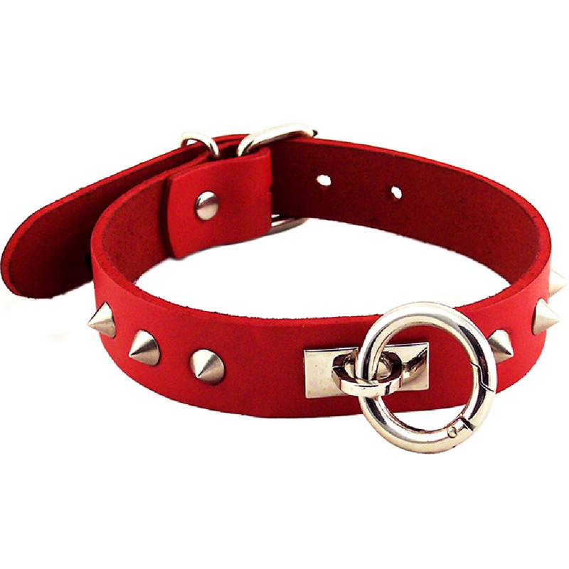Rouge O Ring Studded Adjustable Leather Collar - Red (8134256459993)