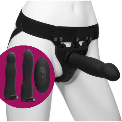 Body Extensions - BE Naughty 4-Piece Set - Rechargeable Vibrating Silicone Harness with 7" Bulbed / 7.5" Slim / 8" Large Dong - Black (7740577218777)